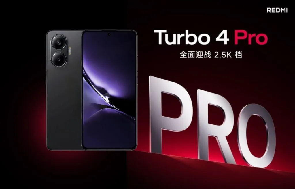 Product shot of the Redmi Turbo 4 Pro smartphone. The phone is shown from the front and back, highlighting its sleek black design and dual rear camera system.  The background features the Redmi logo and "Turbo 4 Pro" branding.