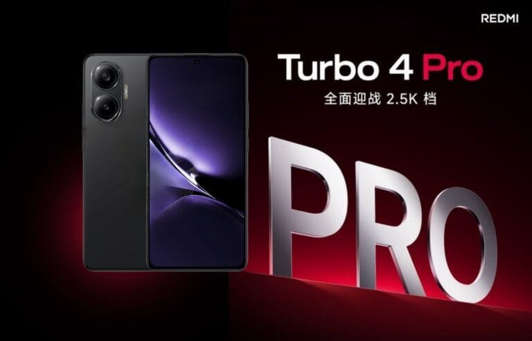 Redmi Turbo 4 Pro (25053RT47C) AKA Poco F7 Spotted on China Telecom Product shot of the Redmi Turbo 4 Pro smartphone. The phone is shown from the front and back, highlighting its sleek black design and dual rear camera system. The background features the Redmi logo and "Turbo 4 Pro" branding.