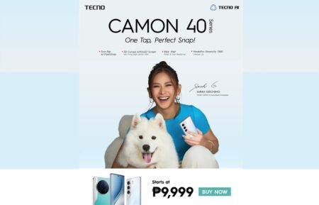 Tecno Camon 40 4G Launched in the Philippines with 50MP Sony LYT-700c OIS Camera A promotional image for the Tecno Camon 40 series smartphones. Sarah Geronimo, the brand ambassador, is pictured holding a phone and smiling with a Samoyed dog. The ad highlights features like a 3D curved AMOLED screen and One-Tap AI FlashSnap, and indicates a starting price of ₱9,999. Three phone models are shown at the bottom.