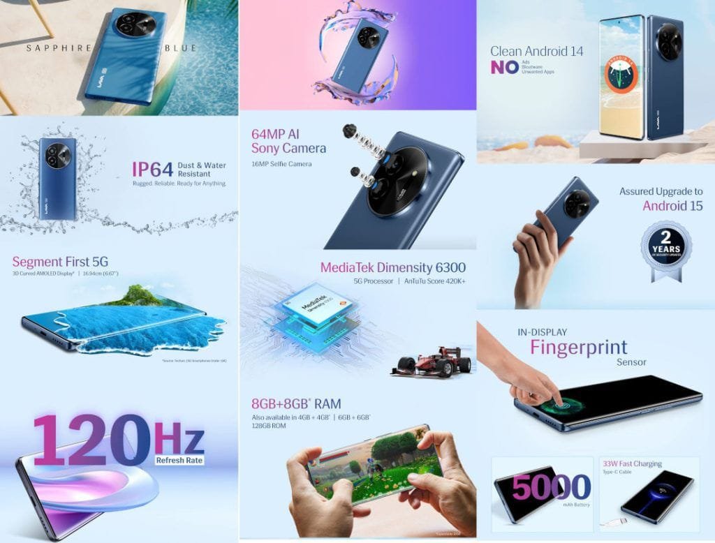 Lava Bold 5G Launched in India with 3D Curved AMOLED Display and Dimensity 6300 2 A collage showcasing the phone's 6.67-inch 3D curved AMOLED display with a 120Hz refresh rate, its segment-first 5G capabilities, a 64MP AI Sony camera, IP64 dust and water resistance, MediaTek Dimensity 6300 processor, 8GB+8GB expandable RAM, a 5000mAh battery with 33W fast charging, in-display fingerprint sensor, and clean Android 14 with an assured upgrade to Android 15.