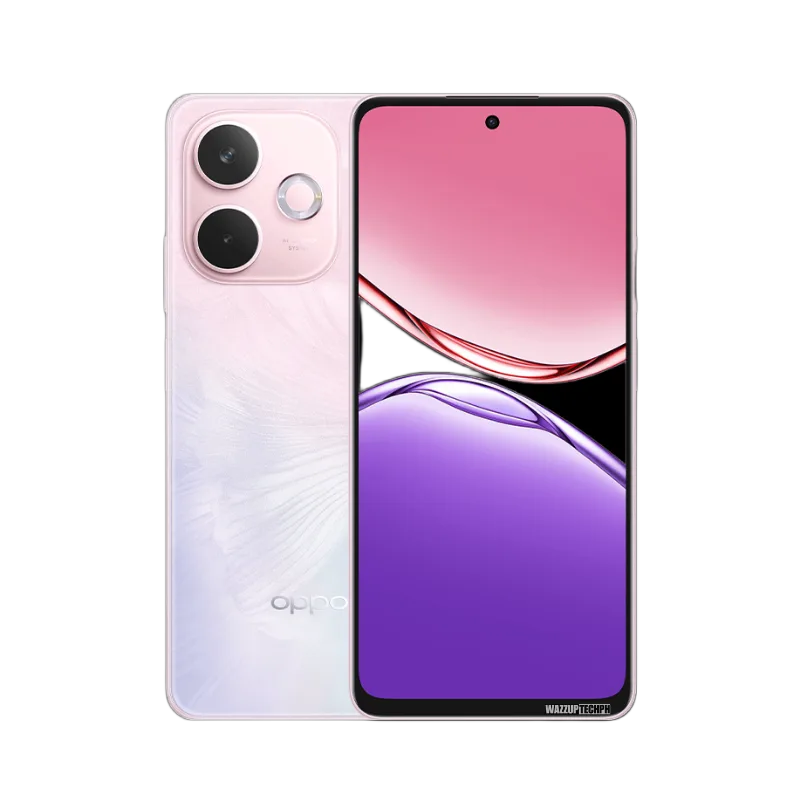 A sleek pink OPPO A5 Pro 5G smartphone is displayed. The front showcases a vibrant purple and pink screen, while the back reveals a subtle, textured design with the OPPO logo. A triple-lens camera system is visible on the back.