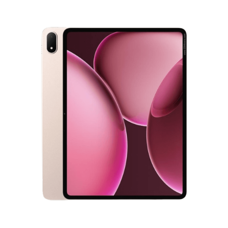 A rose gold Oppo Pad 4 Pro tablet is shown in a studio shot. The tablet is positioned vertically, showcasing its slim profile and the vibrant pink abstract design on its screen. The camera lens is visible on the left side.