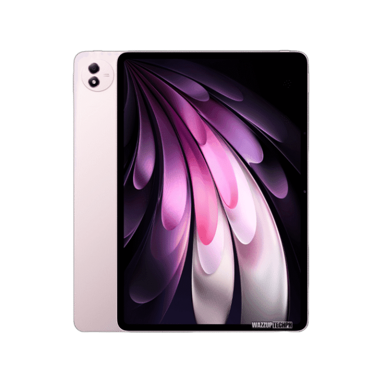 A pale pink Vivo Pad 5 Pro tablet is displayed against a black background. The tablet features a nearly bezel-less design and displays a striking abstract wallpaper featuring swirling, metallic-looking purple and pink petals.