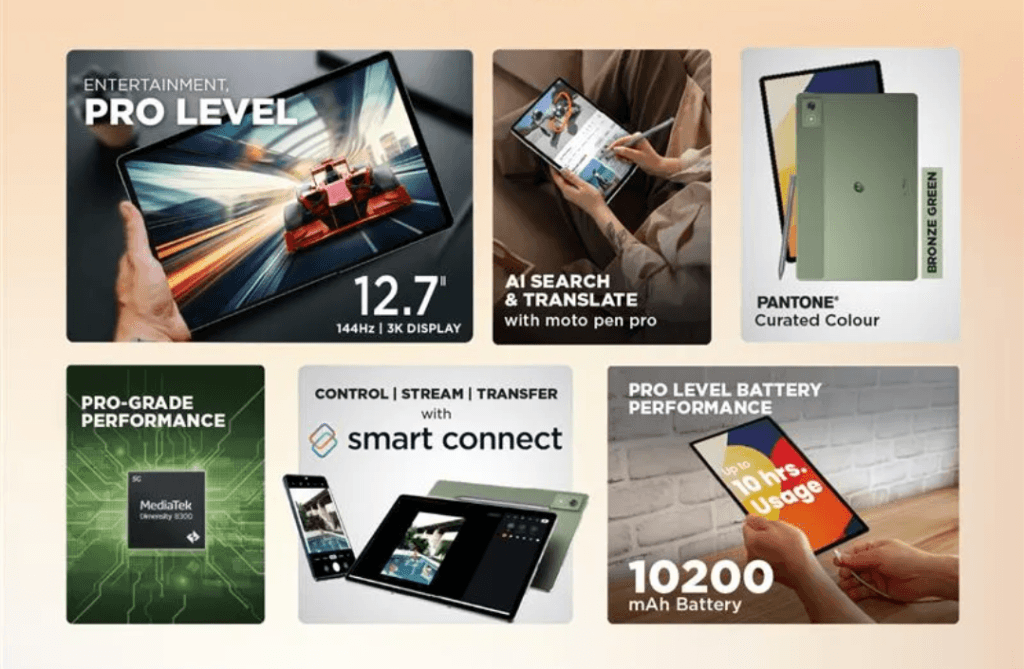 A collage of promotional images showcasing the features of the Motorola Moto Pad 60 Pro tablet. Images highlight the large 12.7-inch 3K display, the powerful MediaTek Dimensity 8300 processor, the long-lasting 10200mAh battery, the included Moto Pen Pro stylus for note-taking and drawing, and the stylish Pantone Bronze Green color option. Other images show the tablet's capabilities for entertainment, productivity, and connectivity.