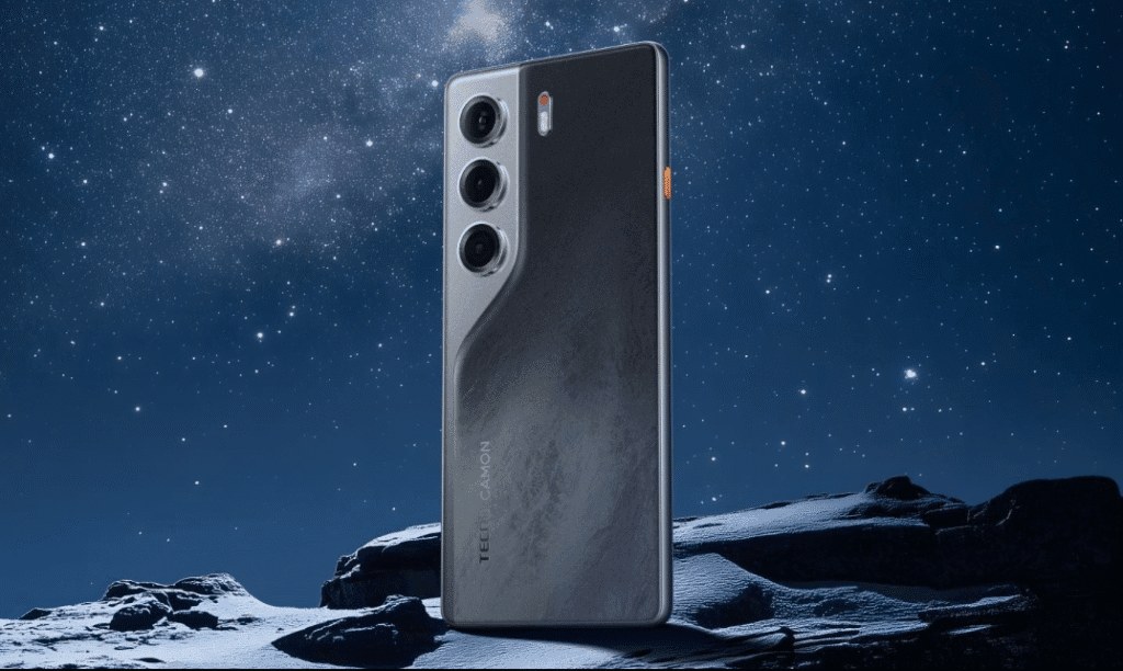 A dark gray Tecno Camon 40 4G phone is displayed against a backdrop of a starry night sky and a rocky, snowy landscape. The phone's triple-lens camera is clearly visible.