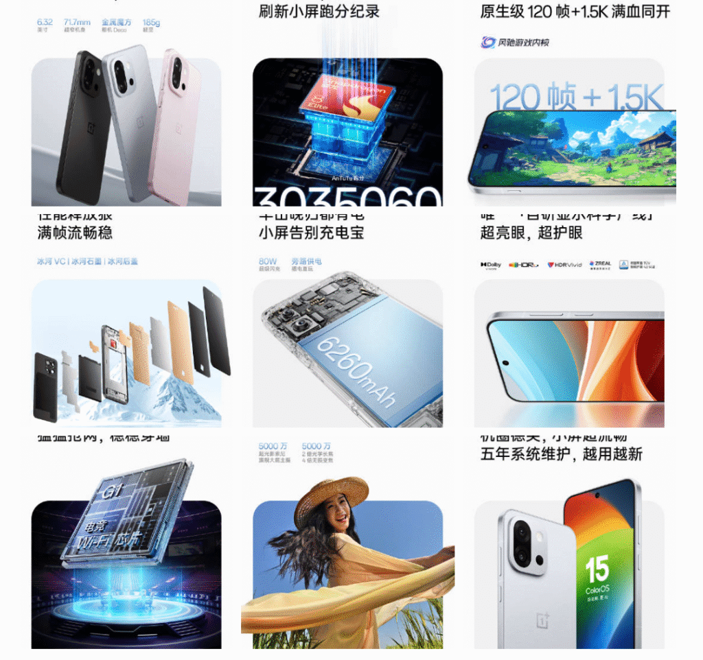 Infographic highlighting key features of the OnePlus 13T smartphone. The specifications include details on the phone's dimensions, weight, processor, fast charging capabilities, battery size (6260mAh), and display technology.  Images showcase the phone's design, internal components, and a woman enjoying its use.