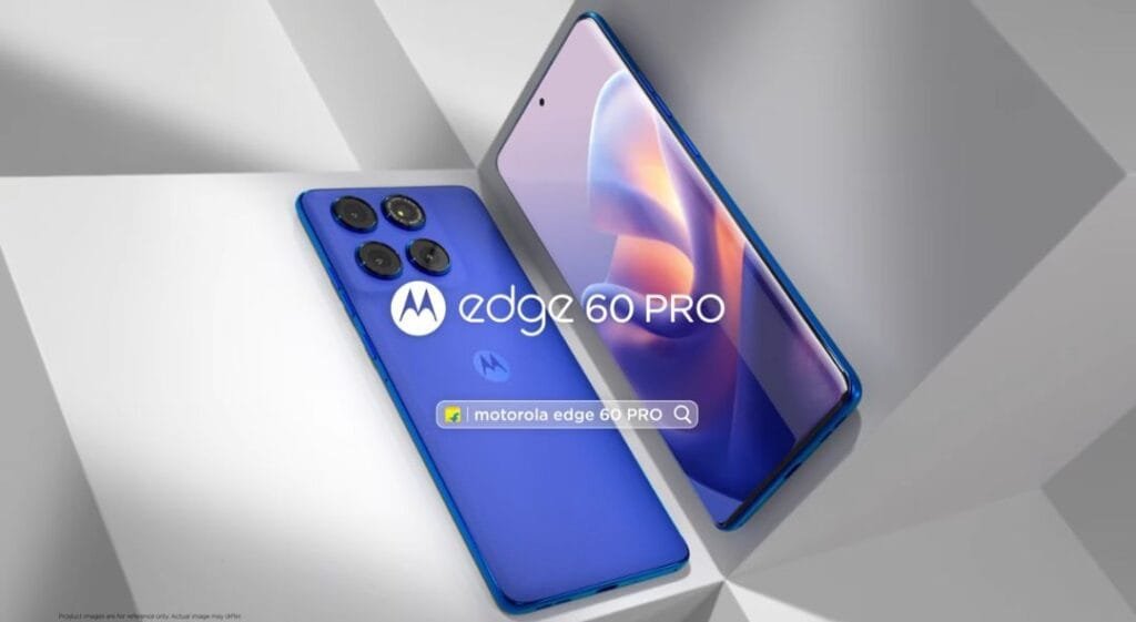 ‎A blue Motorola Edge 60 Pro phone is shown in the image. The phone is lying on a white surface, with its camera module facing the viewer. The phone's screen is off, and the Motorola logo is visible on the back of the phone. The phone is in a slightly angled position, with the top of the phone tilted towards the viewer. The phone's back is a dark blue and the phone's screen is a gradient of purple and blue. The phone is a new release, as seen by the search bar in the image, which shows a search for "motorola edge 60 pro." The text "Product images are for reference only. Actual image may differ." is shown at the bottom of the image.