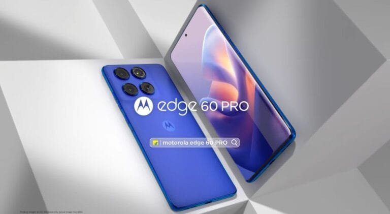 ‎A blue Motorola Edge 60 Pro phone is shown in the image. The phone is lying on a white surface, with its camera module facing the viewer. The phone's screen is off, and the Motorola logo is visible on the back of the phone. The phone is in a slightly angled position, with the top of the phone tilted towards the viewer. The phone's back is a dark blue and the phone's screen is a gradient of purple and blue. The phone is a new release, as seen by the search bar in the image, which shows a search for "motorola edge 60 pro." The text "Product images are for reference only. Actual image may differ." is shown at the bottom of the image.