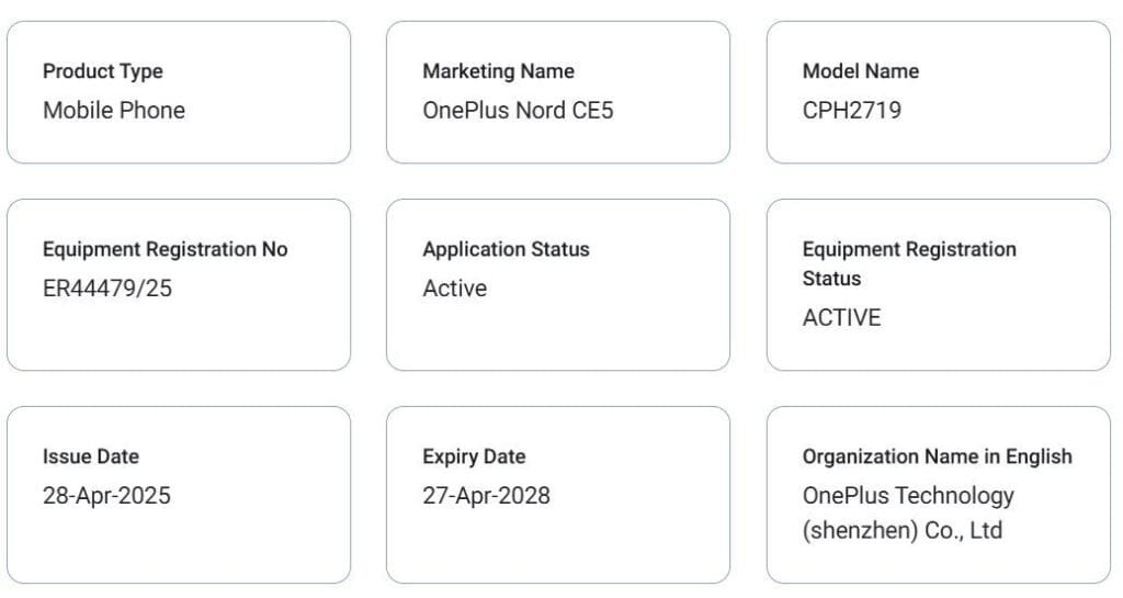 Screenshot of the TDRA certification record for the OnePlus Nord CE 5 smartphone, showing the model number (CPH2719), application status, issue and expiry dates, and other relevant information.