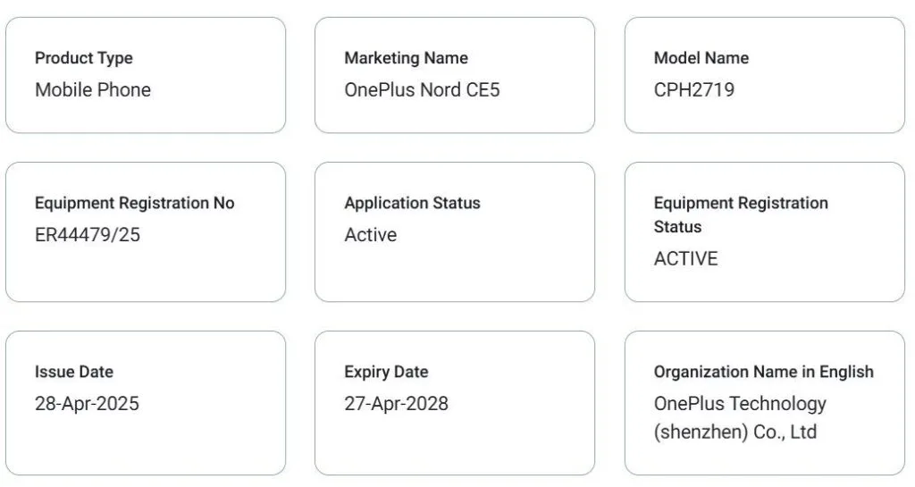 OnePlus Nord CE 5 (CPH2719) Spotted on TDRA Certification in UAE 1 Screenshot of the TDRA certification record for the OnePlus Nord CE 5 smartphone, showing the model number (CPH2719), application status, issue and expiry dates, and other relevant information.
