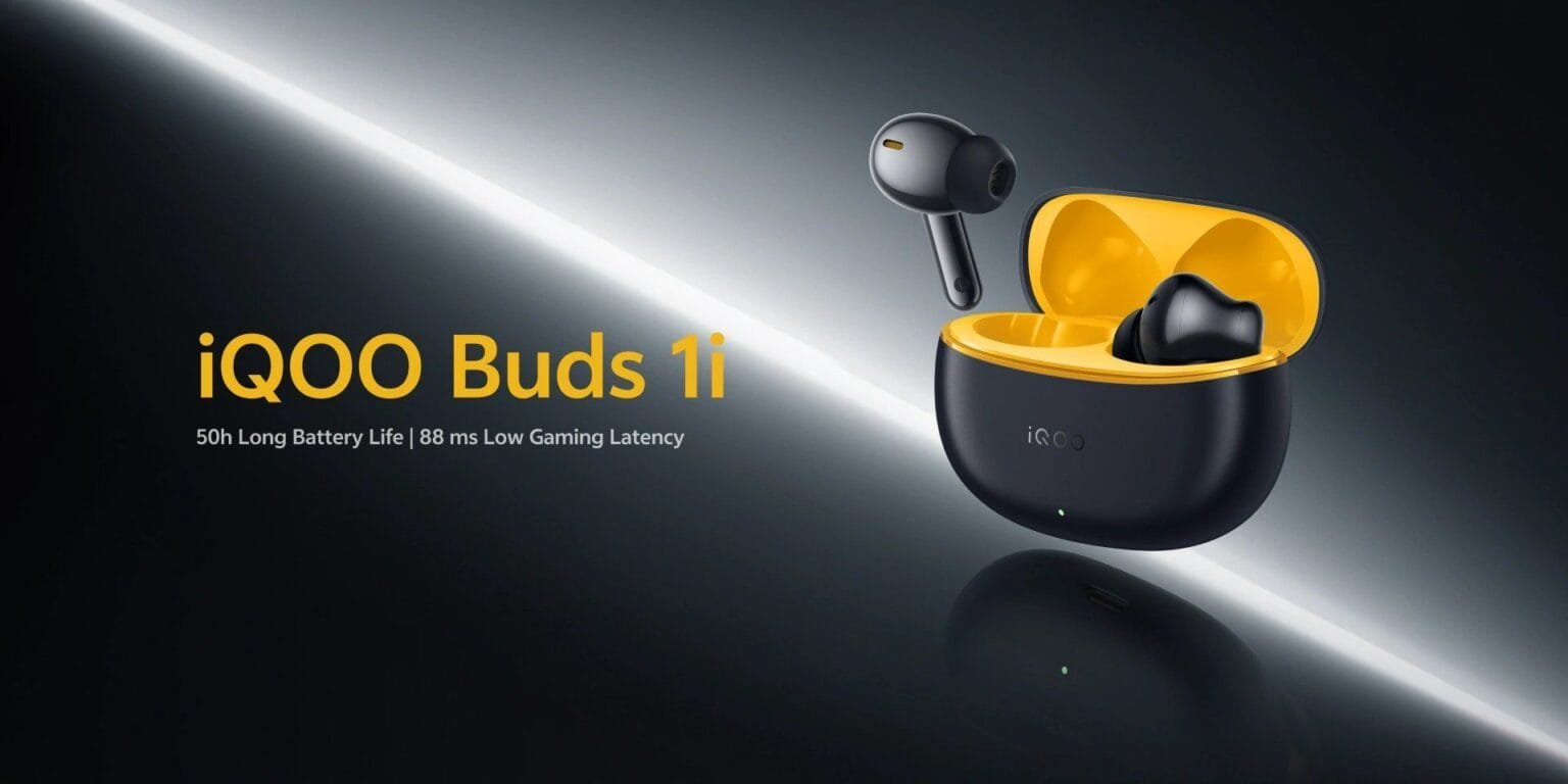 Product shot of the iQOO Buds 1i wireless earbuds. The earbuds are black, and rest in a black charging case with a bright yellow interior. The image is set against a dark background with a bright diagonal line. Text overlay indicates 50h long battery life and 88ms low gaming latency.