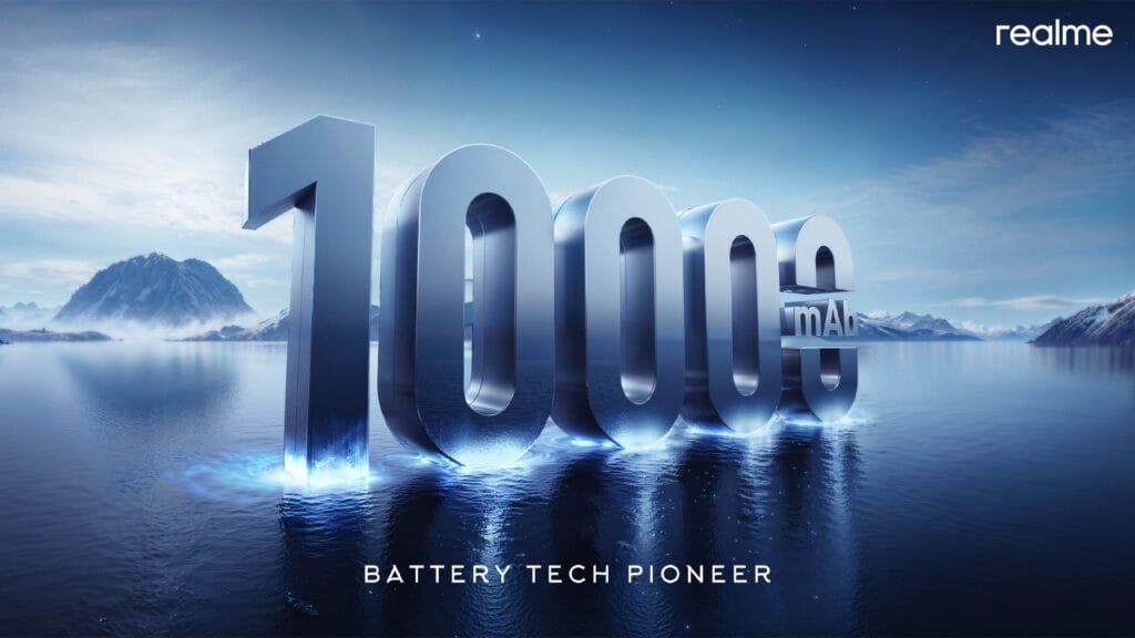 A promotional image for the Realme GT 7 series, highlighting its 10000mAh battery. Large, metallic numerals "10000" are shown partially submerged in calm water, with a mountain range visible in the background. The text "BATTERY TECH PIONEER" is displayed below the numbers. The Realme logo is in the upper right corner.