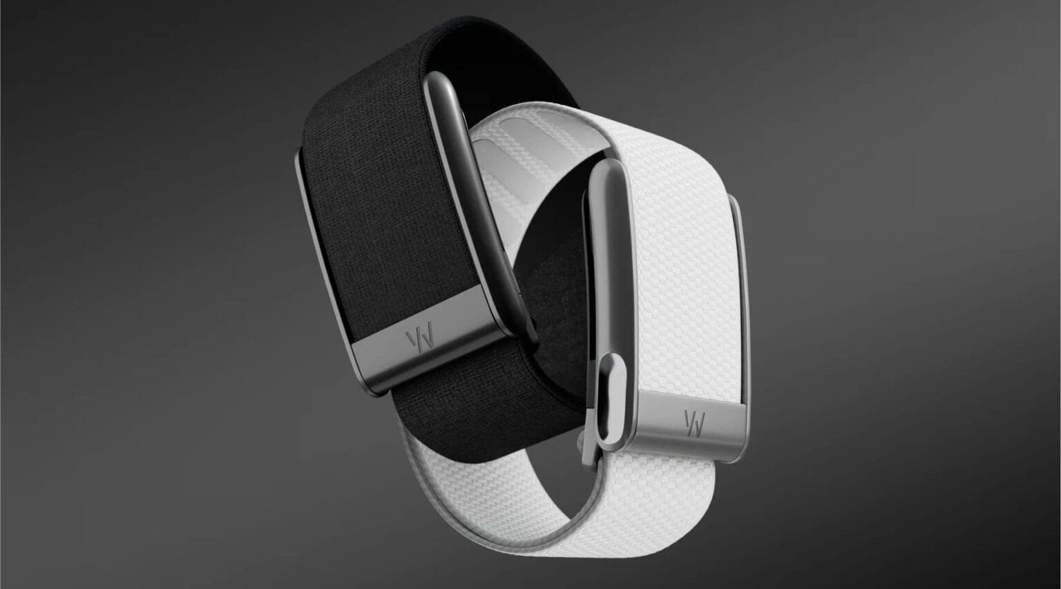 Two Whoop 5.0 wearable fitness trackers shown, one with a black band and one with a white band. Both feature a dark gray metallic clasp with the Whoop logo.