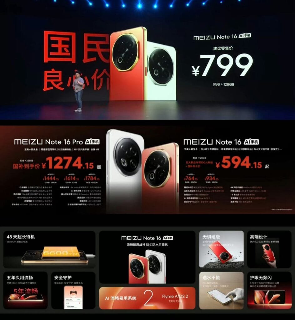 Meizu Note 16 and Meizu Note 16 Pro Launched in China 2 Marketing materials for the new Meizu Note 16 series smartphones. The image shows both the standard Note 16 and the Note 16 Pro, highlighting their camera systems and sleek design. Pricing in Chinese Yuan is prominently displayed, along with details about RAM and storage options.