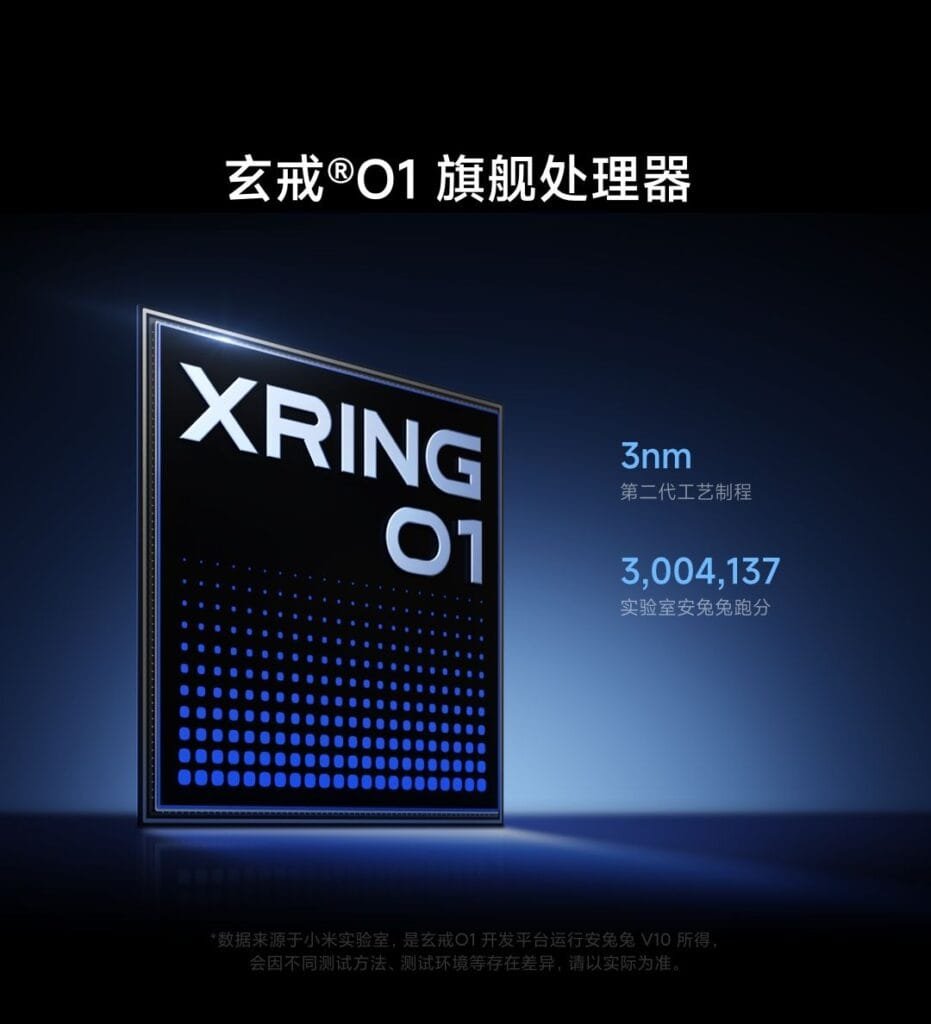 Close-up of the Xiaomi Xring O1 mobile processor. The image highlights its 3nm manufacturing process and transistor count (3,004,137).