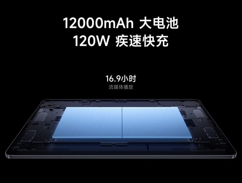Xiaomi Pad 7 Ultra launched: 14" TCL M9 OLED Display, Xring 01, and 50MP JN1 Camera 3 Illustration of the Xiaomi Pad 7 Ultra's internal components, highlighting its large 12000mAh battery and support for 120W fast charging. Text indicates up to 16.9 hours of video playback.