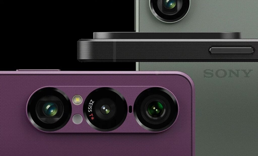 Detailed view of the Sony Xperia 1 VII rear camera module. The image highlights the three lenses, the ZEISS T* branding, and the textured surface of the phone.