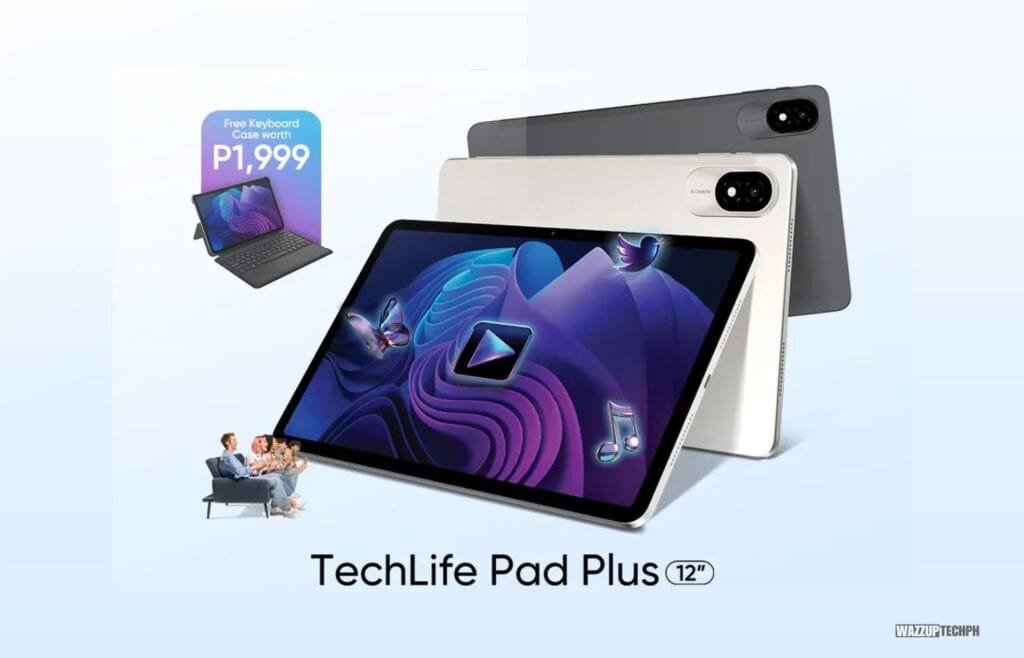 A promotional image showcasing the TechLife Pad Plus 12" tablet in silver and gray. The tablet is displayed at an angle, highlighting its sleek design and large screen. A family is shown in the background, enjoying the tablet, emphasizing its entertainment capabilities. A free keyboard case is also featured, adding to the value proposition. The overall aesthetic is clean and modern.