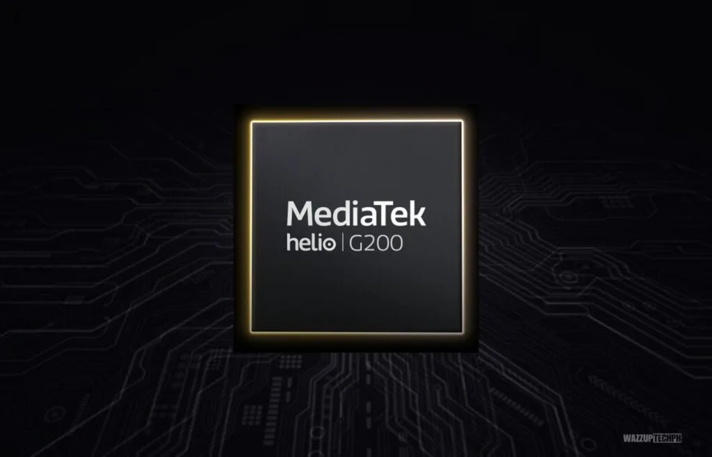MediaTek Helio G200 Antutu Benchmark and Specifications 1 Close-up of a graphic depicting the MediaTek Helio G200 chip. The chip is shown in a dark gray square with a gold outline, set against a background of circuit board patterns.