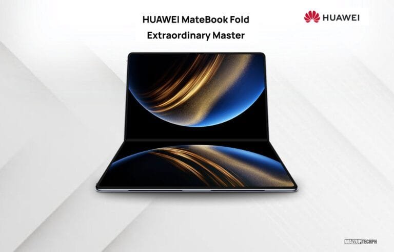 A sleek, folded Huawei MateBook Fold laptop is shown against a white background. When opened, the device displays a stunning, high-resolution image of a swirling, gold and blue planet. The brand name 'HUAWEI' is visible in the upper right corner, and the text 'HUAWEI MateBook Fold Extraordinary Master' is displayed above the laptop.