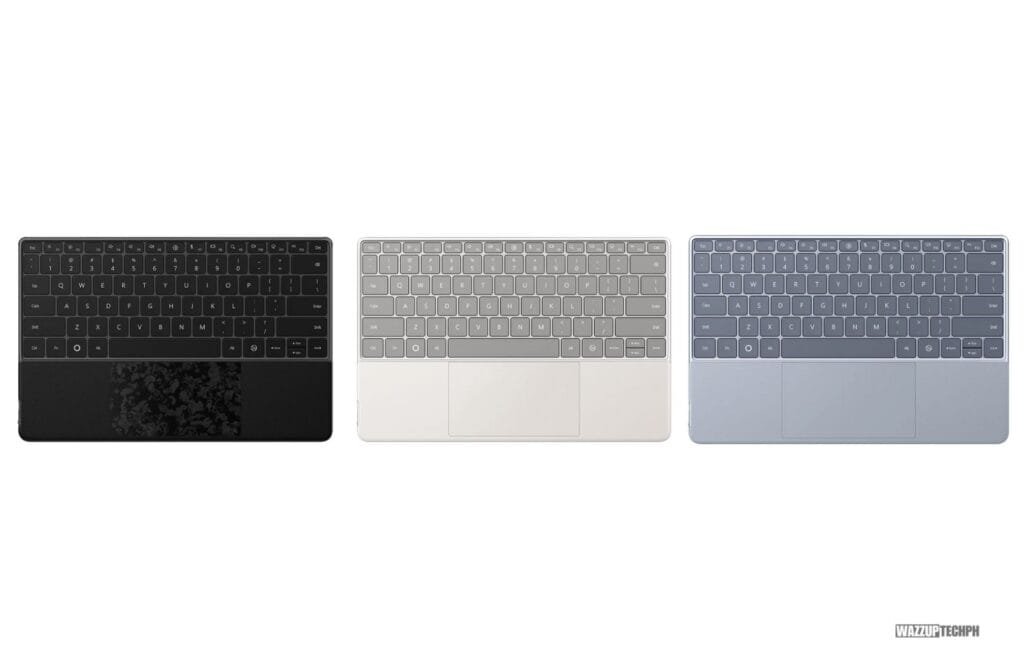 Huawei MateBook Fold | Ultimate Design Unveiled: 18" 3.3K OLED Display, Kirin X90, and 74.69 Wh Battery 3 A top-down view displays three color variations of the Huawei MateBook Fold's wireless keyboard: black, light beige, and light gray. Each keyboard features a standard QWERTY layout and integrated trackpad.