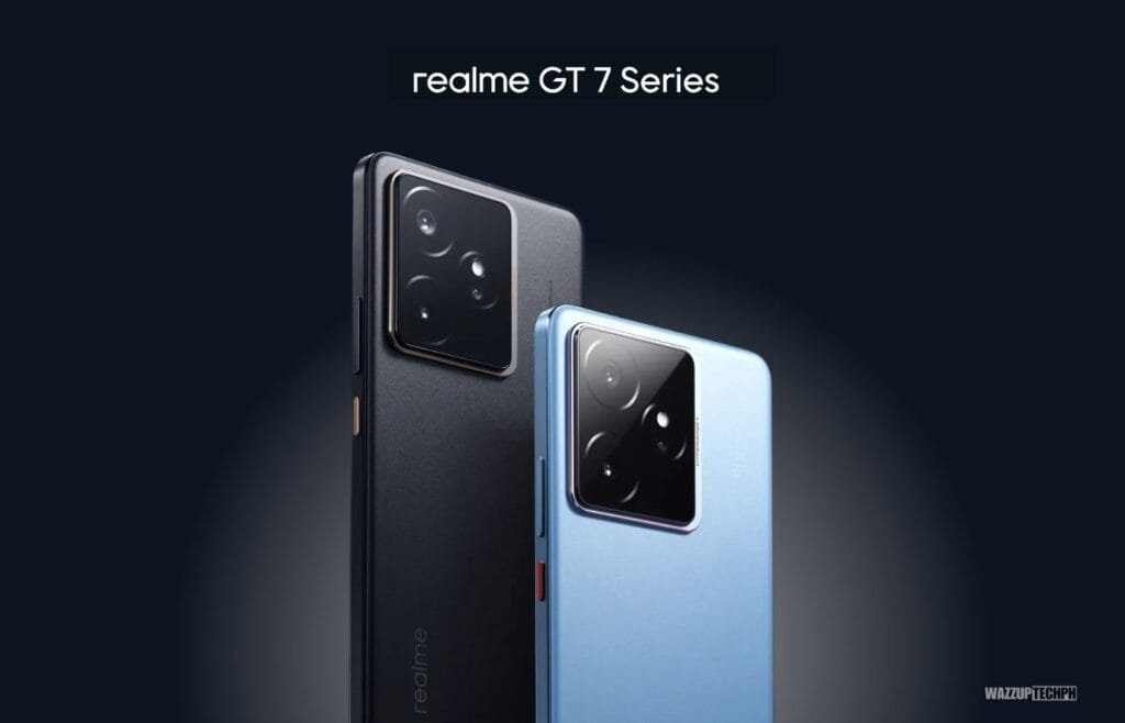 Close-up product shot of the realme GT 7 Series. Two smartphones are shown: one in black and one in light blue. Both phones have a prominent square camera housing on the back, containing multiple lenses. The realme logo is visible on the black phone. The background is a dark blue/black.