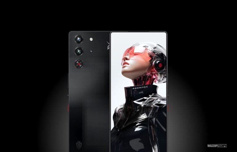 A close-up shot of the RedMagic 10S Pro smartphone. The phone's back is black with a textured finish and features a prominent triple-lens camera. The screen shows a stylized cyberpunk-esque female figure wearing futuristic eyewear and clothing. The RedMagic logo is subtly visible.