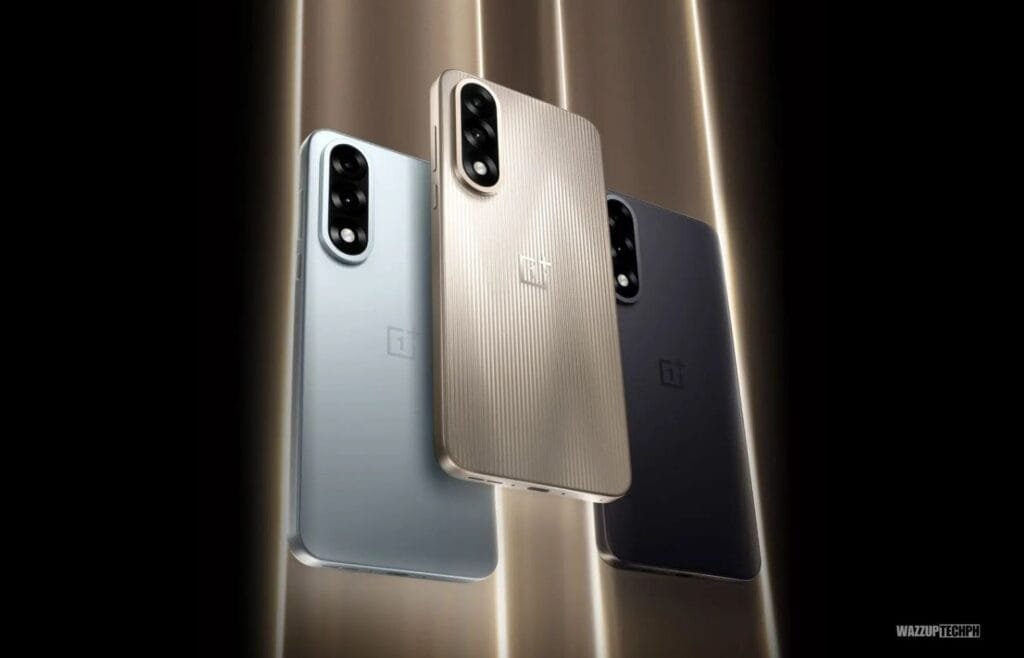 Three OnePlus Ace 5 Ultra Edition smartphones in different colors are shown. The phones are positioned slightly angled and overlapping, showcasing their rear designs. The colors visible are light blue, gold, and dark gray. The phones have triple-lens camera systems and the OnePlus logo is visible on each.