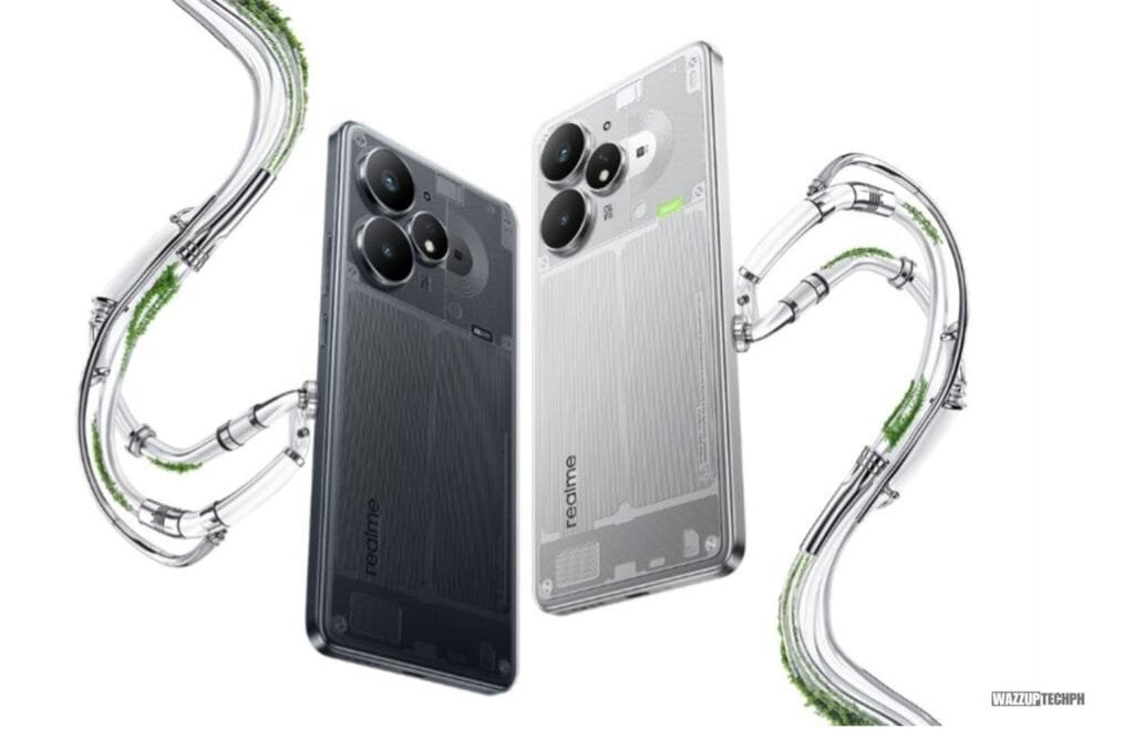 Close-up product shot showcasing two Realme Neo 7 Turbo smartphones. The phones are angled slightly, revealing their back panels which have a partially transparent design showing internal components. A light silver and a dark gray model are shown. Stylized transparent tubes with green accents encircle the phones, likely representing the phone's cooling system.