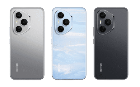Honor 400 & 400 Pro Launched in Malaysia (Global): AMOLED Display, 6,000mAh Battery, and 200MP Camera Three Honor 400 Pro smartphones displayed, showcasing their color variations: silver, light blue, and dark gray. Each phone features a prominent circular camera module on the back.