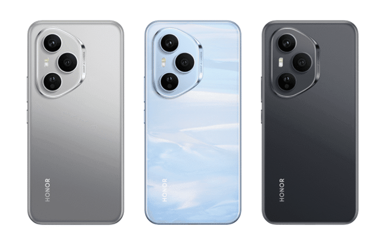 Three Honor 400 Pro smartphones displayed, showcasing their color variations: silver, light blue, and dark gray. Each phone features a prominent circular camera module on the back.