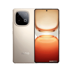 A gold iQOO Neo 10 smartphone is displayed, showcasing both the front and back. The back features a prominent circular camera module, while the front screen displays a gradient orange and gold background.