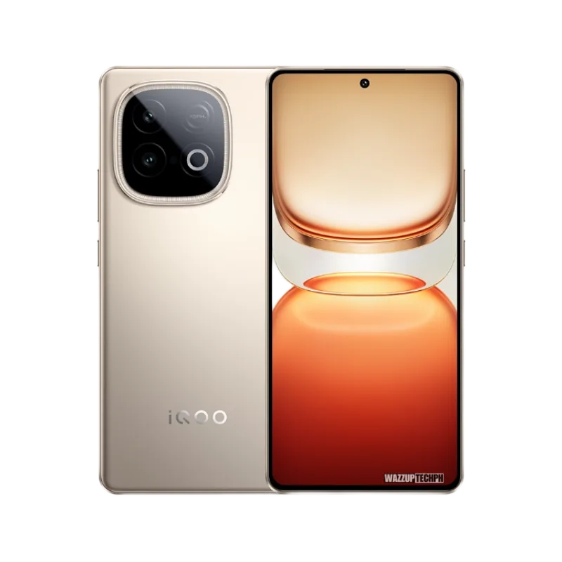 A gold iQOO Neo 10 smartphone is displayed, showcasing both the front and back. The back features a prominent circular camera module, while the front screen displays a gradient orange and gold background.