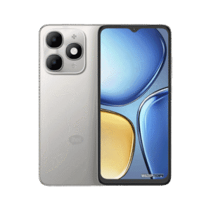 A silver itel A90 smartphone is displayed, showcasing both its front and back. The back features a triple-lens camera system, while the front displays a vibrant, abstract wallpaper.