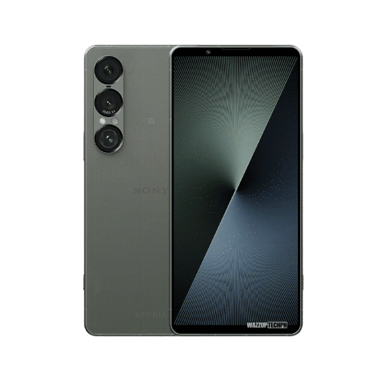 A sleek gray Sony Xperia 1 VII smartphone is shown, displaying both its front and back. The back features a triple-lens camera system, while the front showcases a vibrant screen with a unique graphic design.
