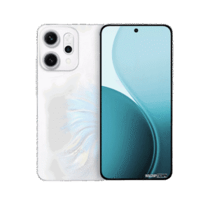 White Oppo Reno 14 smartphone showcasing its triple-lens rear camera and a teal-colored screen with a curved design.