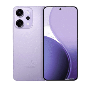 A lilac purple Oppo Reno 14 Pro smartphone is shown, with the back and front visible. The back features a triple-lens camera system and the Oppo logo.