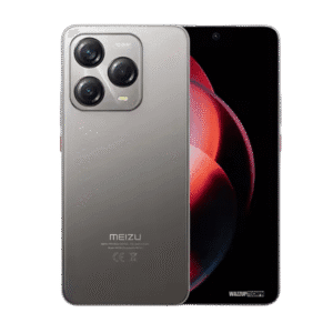 A silver Meizu Note 22 4G smartphone is displayed, showcasing its triple-lens rear camera and a sleek design. The front shows a dark screen with a subtle abstract design.