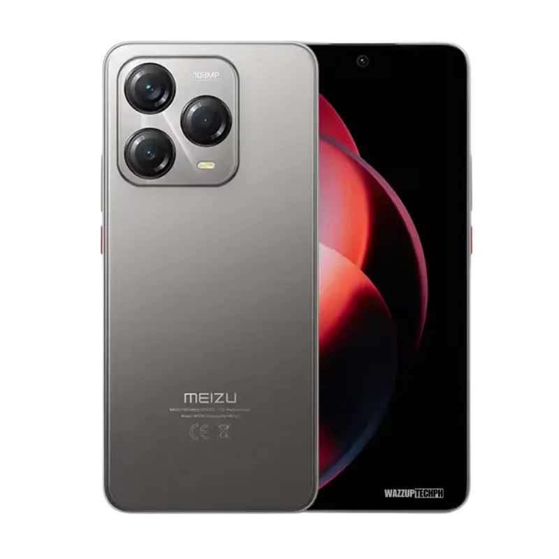 A silver Meizu Note 22 4G smartphone is displayed, showcasing its triple-lens rear camera and a sleek design. The front shows a dark screen with a subtle abstract design.