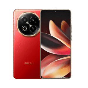 A red Meizu Note 22 5G smartphone is shown, showcasing its distinctive circular camera module and vibrant screen.