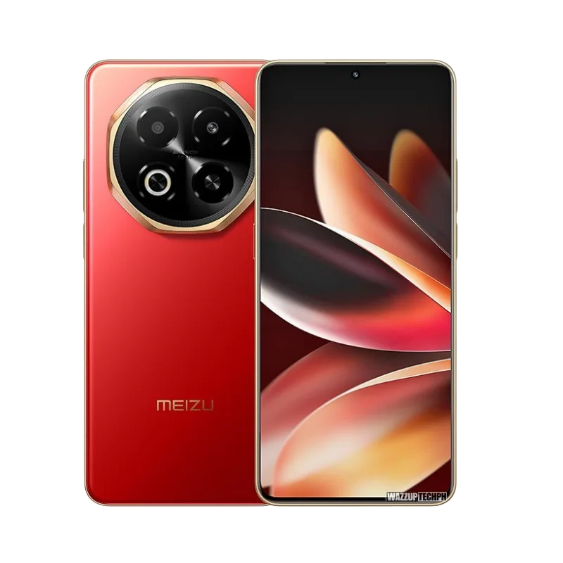 A red Meizu Note 22 5G smartphone is shown, showcasing its distinctive circular camera module and vibrant screen.