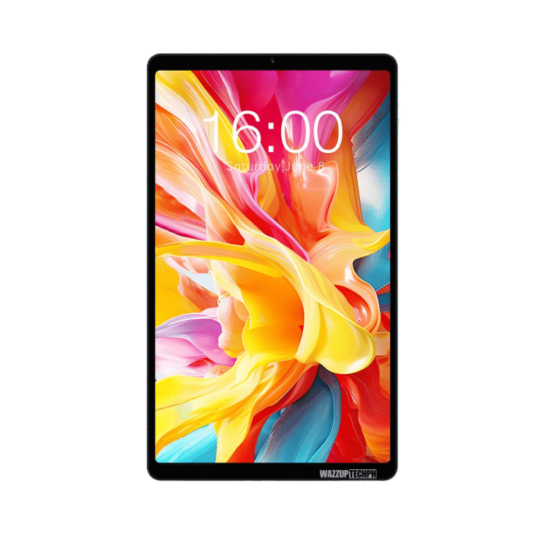 A Teclast T50 Mini tablet showcasing a colorful, dynamic abstract wallpaper on its screen. The time displayed is 4:00 PM.
