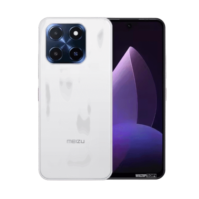 White Meizu mBlu 22 smartphone with a quad-camera setup on the back.
