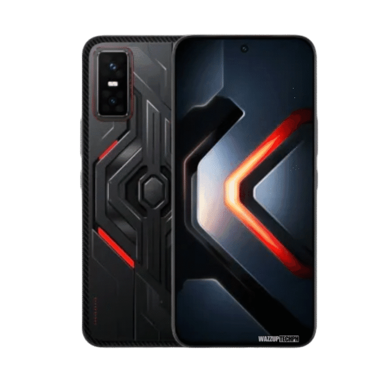 Front and back view of the Infinix GT 30 Pro smartphone, highlighting its sleek black design with red accents and a triple-lens camera.