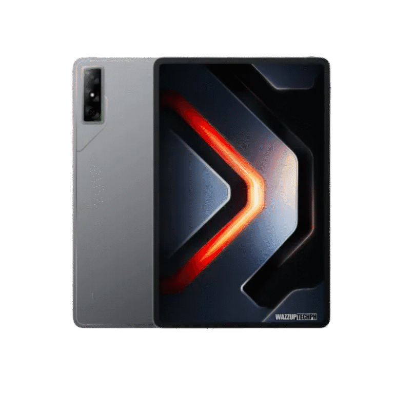A sleek silver Infinix Xpad GT tablet shown from both sides. The back is plain silver, while the front displays a striking dark grey and orange geometric pattern.