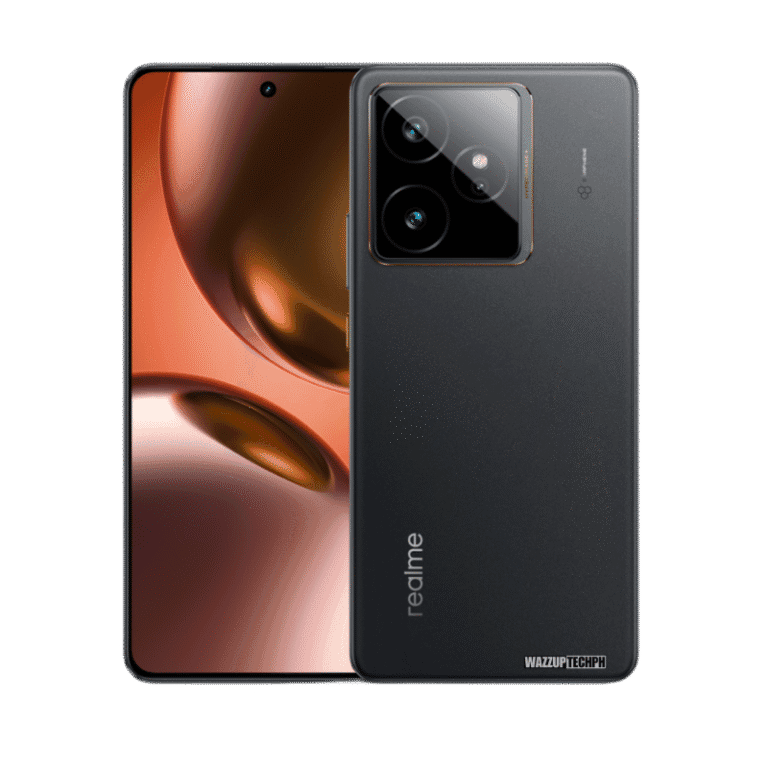 A sleek black Realme GT 7 5G smartphone is displayed. The front showcases a vibrant orange abstract design, while the back reveals a triple-lens camera system and the Realme logo.