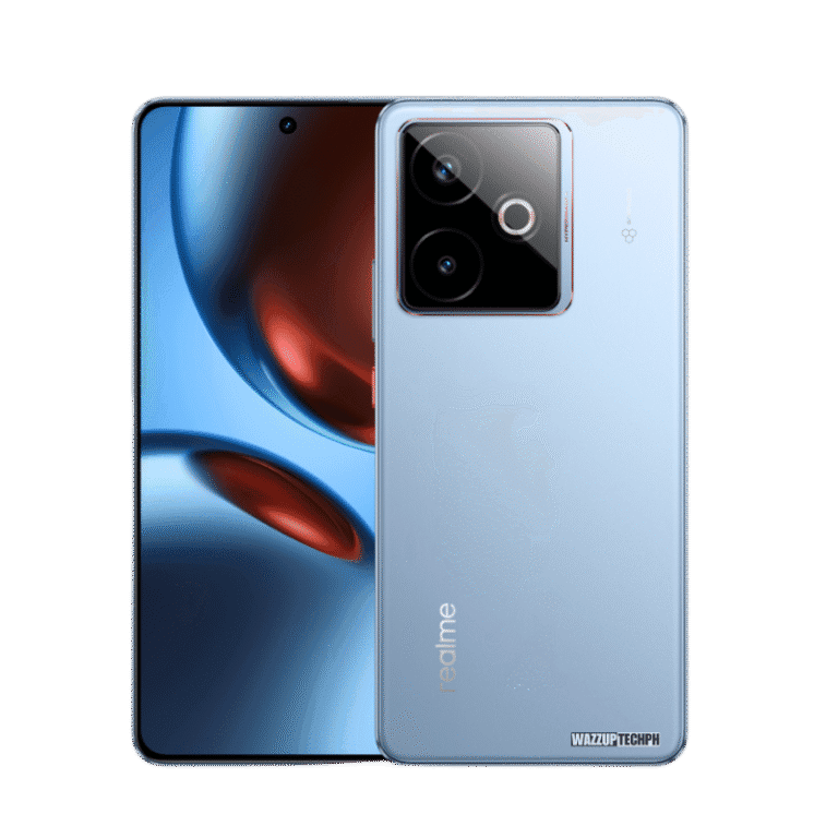 A light blue Realme GT 7T 5G smartphone is shown, displaying both the front and back. The front showcases a curved screen with an abstract design. The back features a rectangular camera module with three lenses.