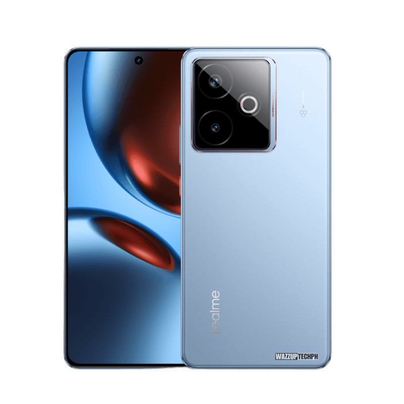 Realme GT 7T 5G A light blue Realme GT 7T 5G smartphone is shown, displaying both the front and back. The front showcases a curved screen with an abstract design. The back features a rectangular camera module with three lenses.