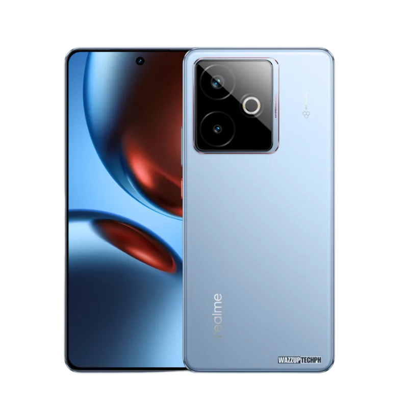 A light blue Realme GT 7T 5G smartphone is shown, displaying both the front and back. The front showcases a curved screen with an abstract design. The back features a rectangular camera module with three lenses.