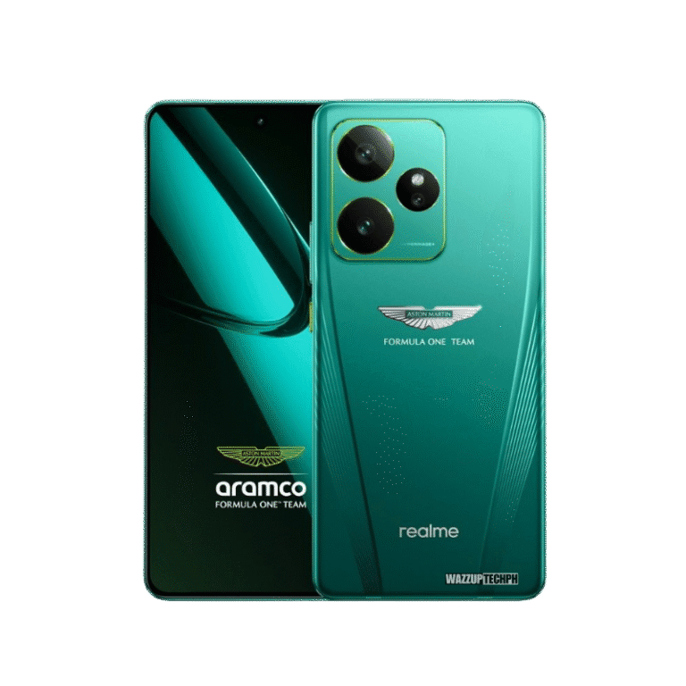 Front and back view of the Realme GT 7 Dream Edition Aston Martin smartphone. The phone features a sleek teal green design with the Aston Martin Formula One Team logo prominently displayed.